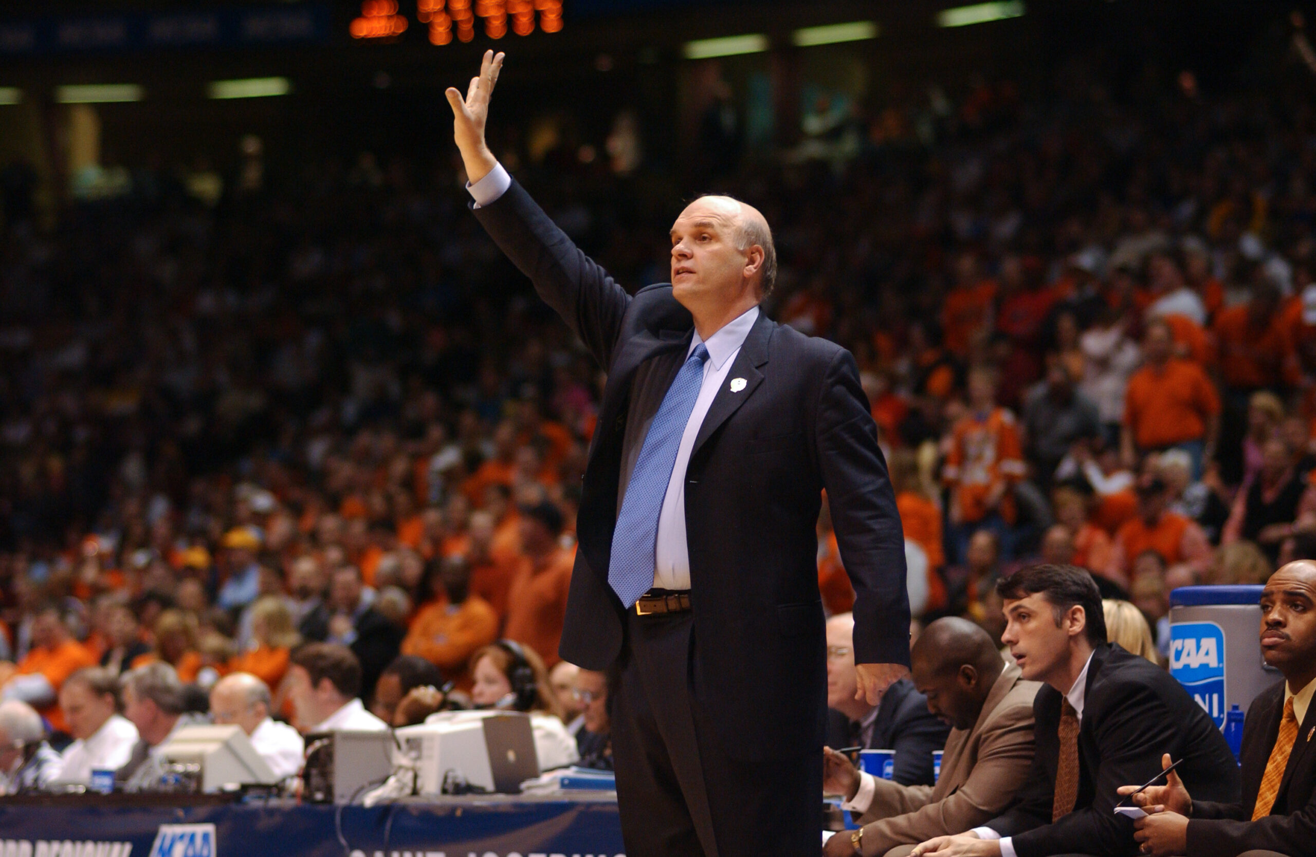 Phil Martelli calls out instructions during Saint Joseph's game against Oklahoma State in the NCAA Elite 8 on March 27, 2004. (Photo: Greg Carroccio/Sideline Photos)