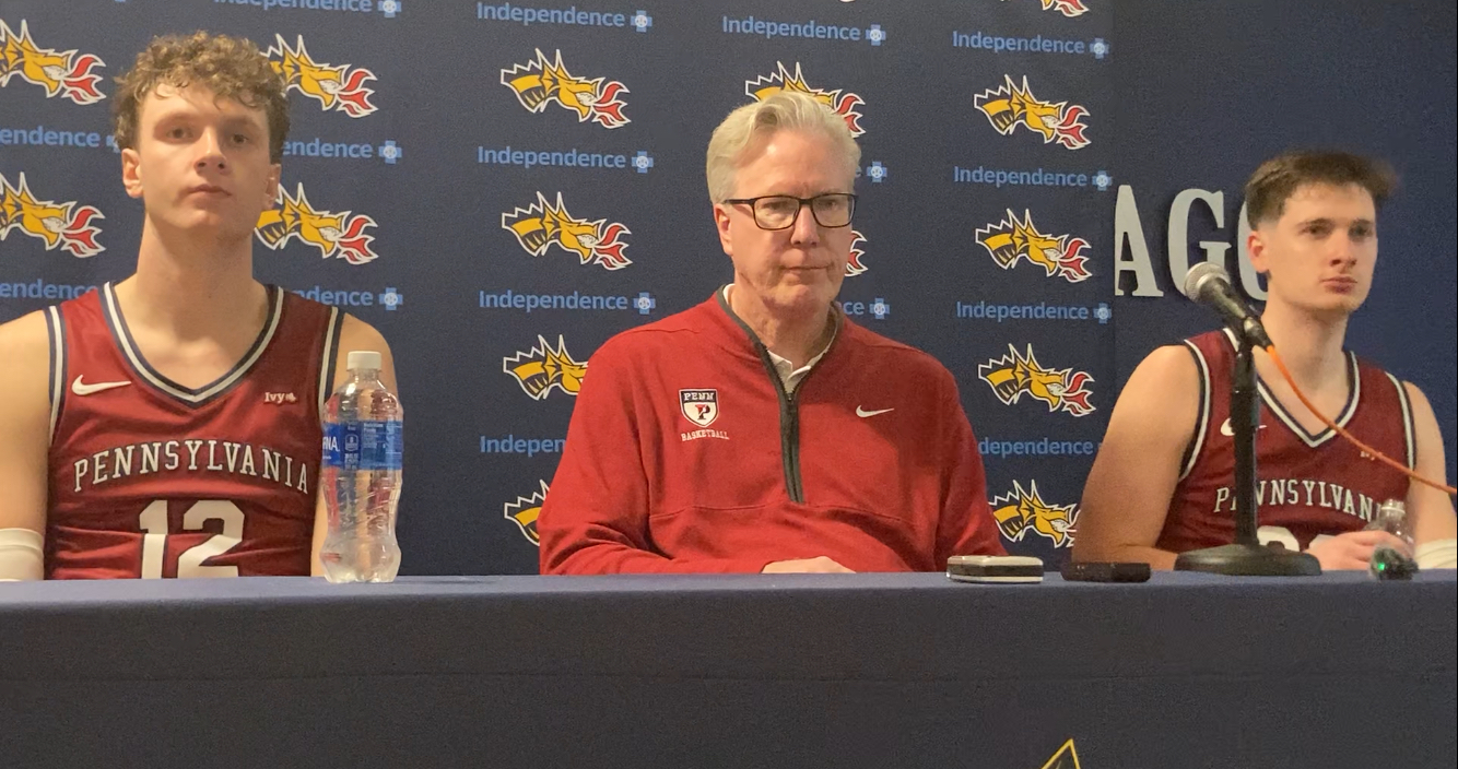 Penn's (l-r) TJ Power, coach Fran McCaffery, and Ethan Roberts address the media following Friday's 84-68 win over Drexel. (Photo: Aaron Bracy/Big5Hoops)