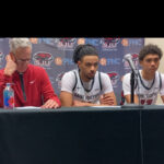 Saint Joseph's Steve Donahue, Jaiden Glover-Toscano, and Austin Williford speak at Tuesday's press conference following the Hawks' 76-73 win over GW.